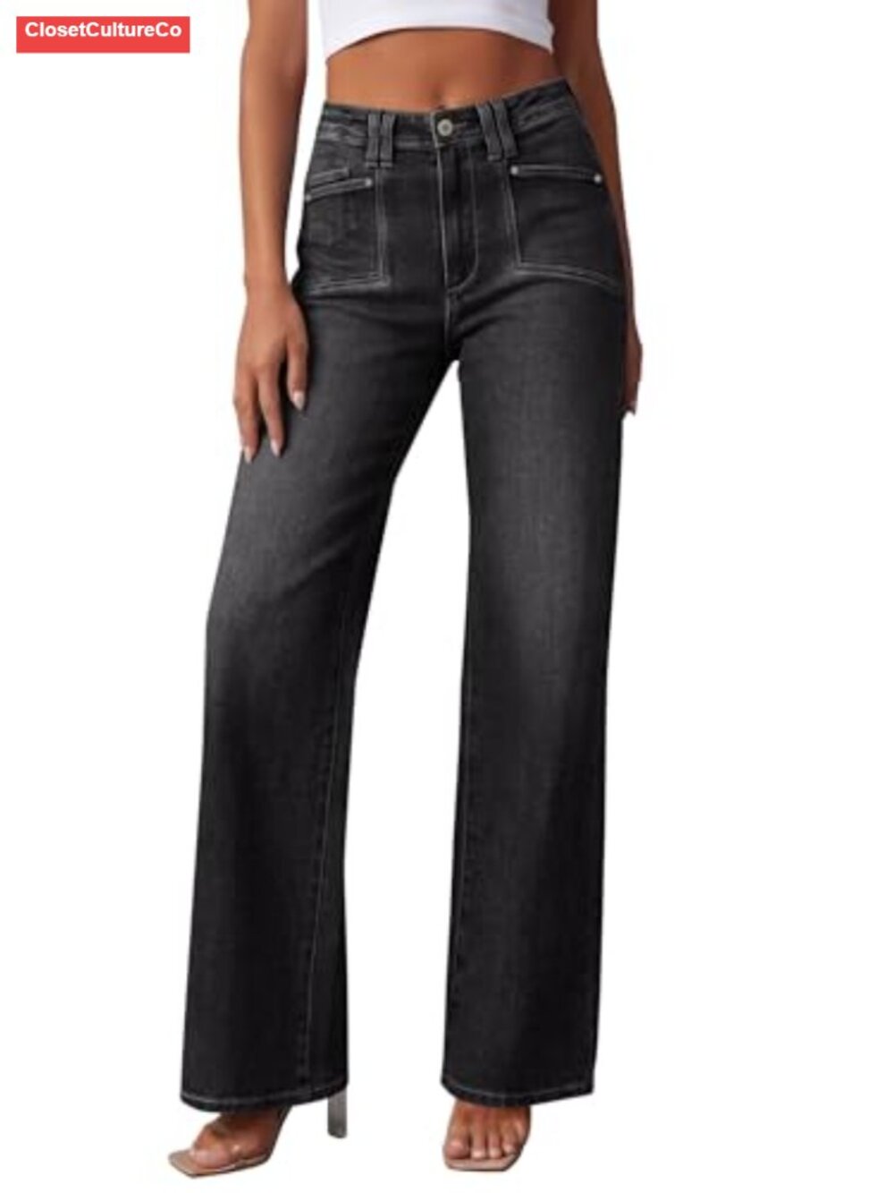 High Waisted Wide Leg Jeans Rigid Denim Straight Leg Ankle Length Women's